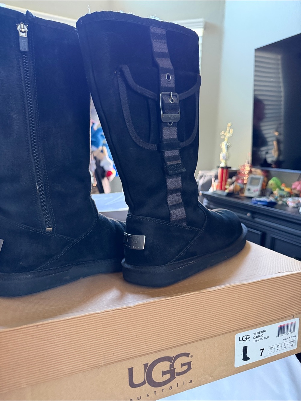 Retro Cargo UGG Black Suede Mid-Calf Buckle Boots